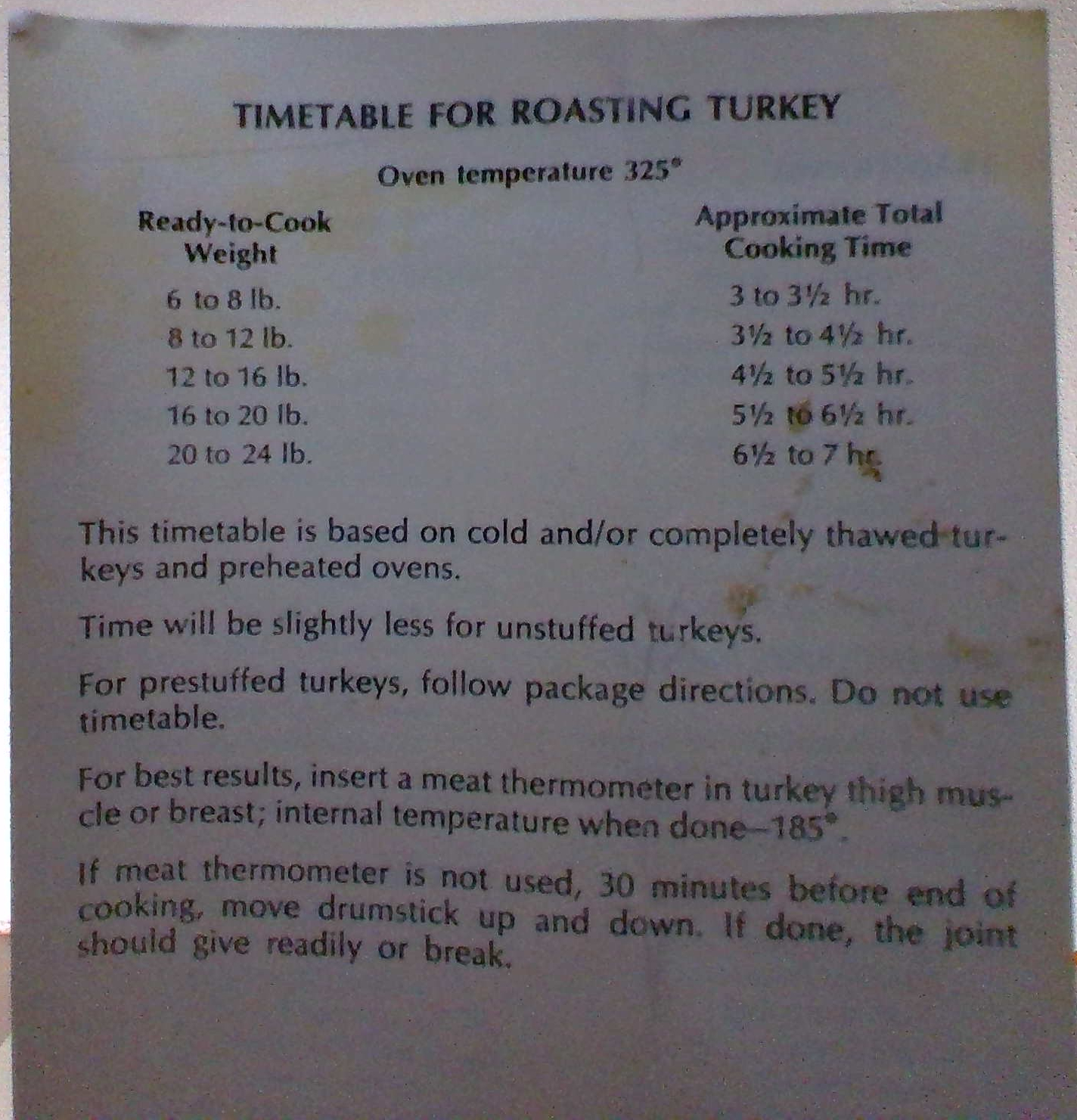 Wasdal Family Recipes - Gramma's Turkey Cooking Timetable